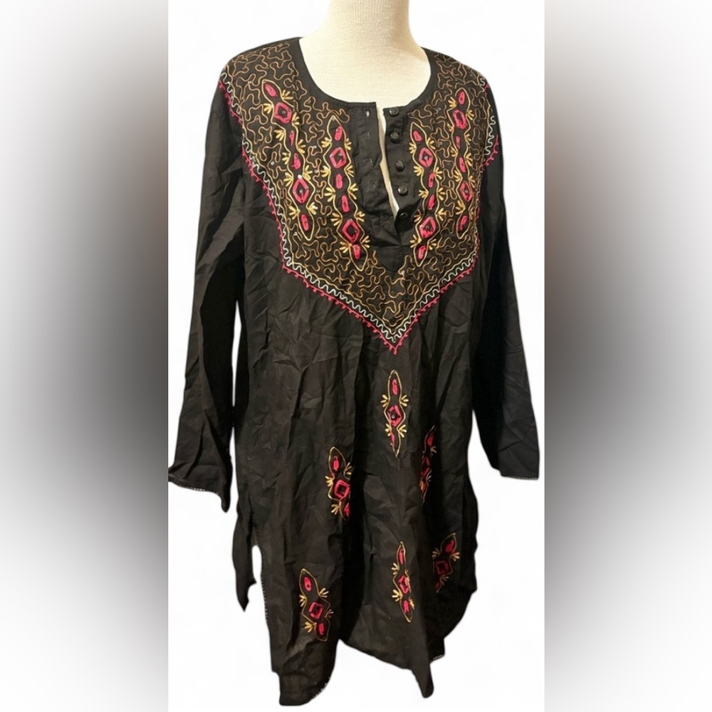 Black Embroidered Kurti Tunic Women’s L 100% Cotton Indian Boho Long Top